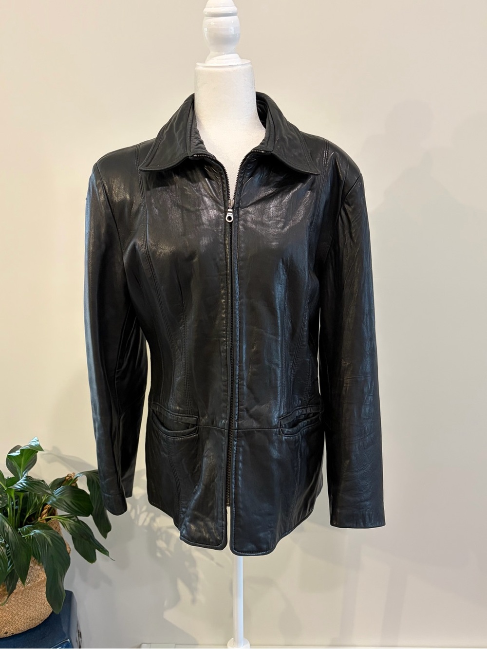 Oscar Leopold Black Leather Zip-Front Jacket XL